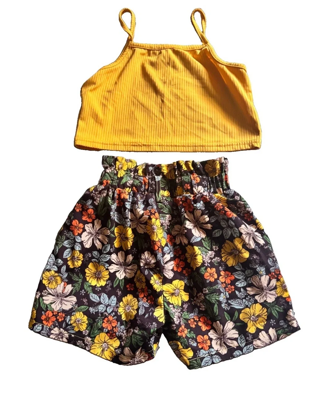 SHEIN Yellow Ribbed Crop Tank with Black Floral Elastic-Waist Shorts